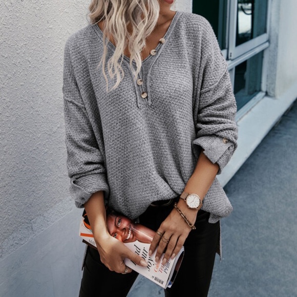 SOLD OUT Light Gray Textured Drop Shoulder Button Roll Tab Sleeve Knit Sweater - Picture 2 of 3